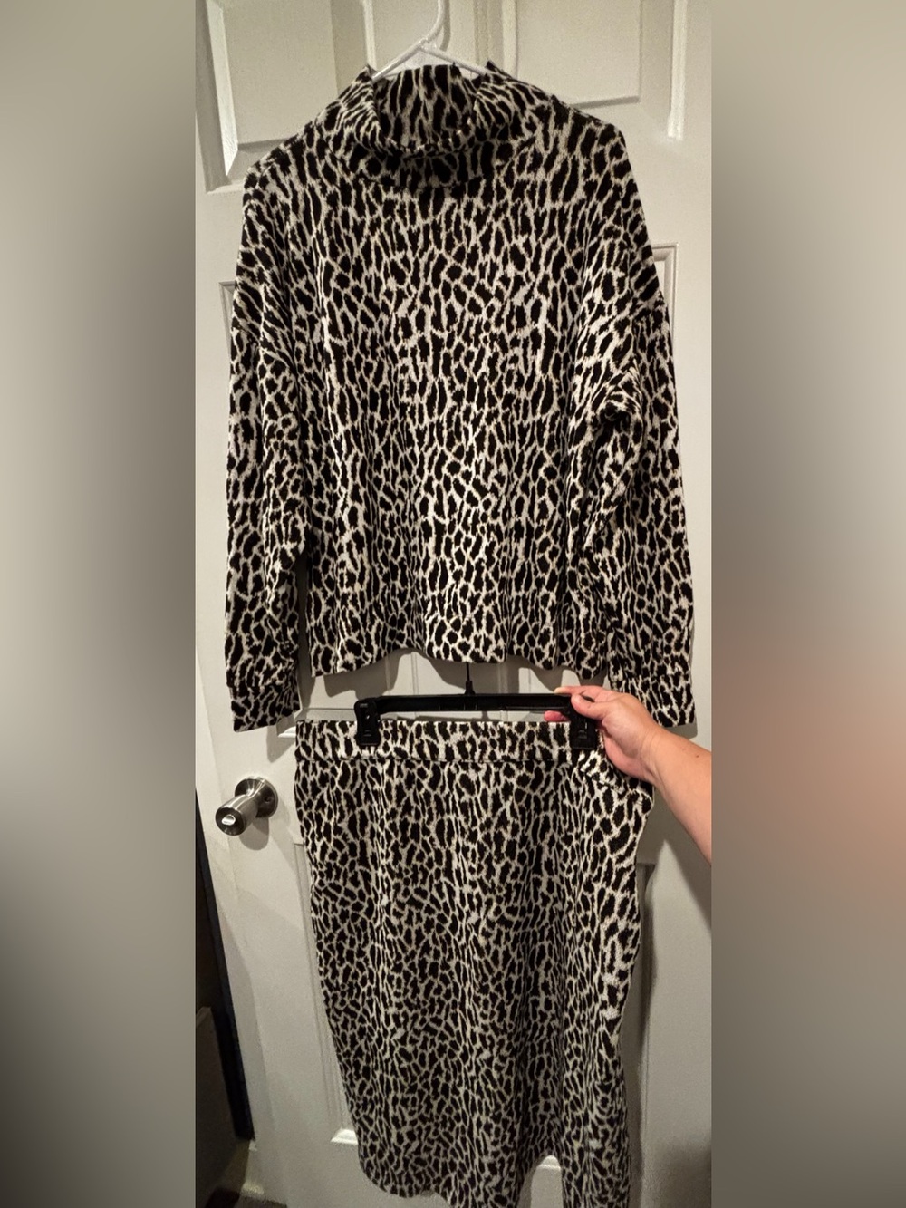 LOFT Black & White Leopard Print Mock Turtleneck Sweater and Skirt Set